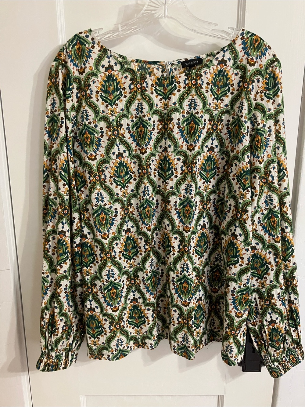 Talbots Green & Cream Paisley-Print Long Sleeve Blouse